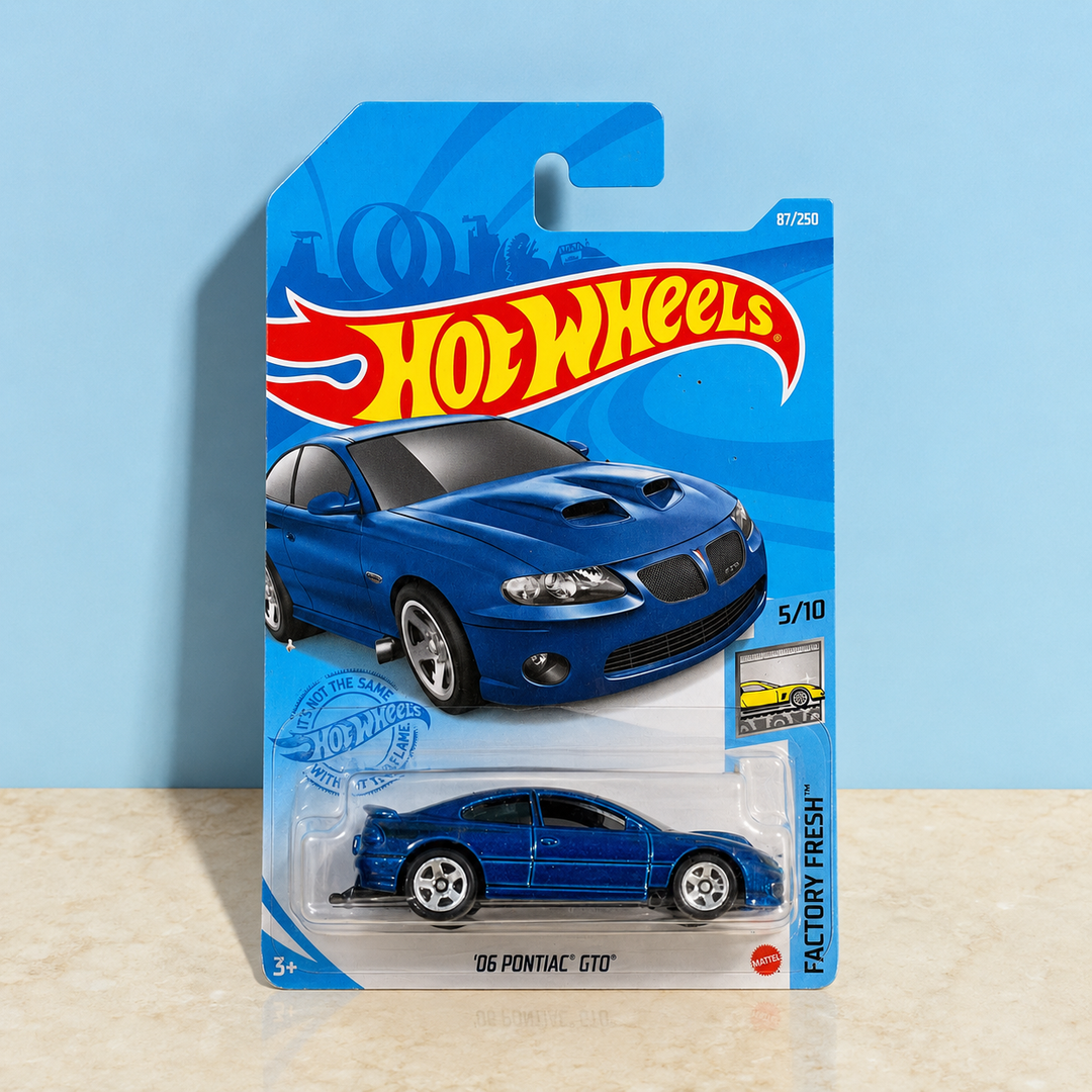 Blue Pontiac GTO Hot Wheels die-cast model carded packaging
