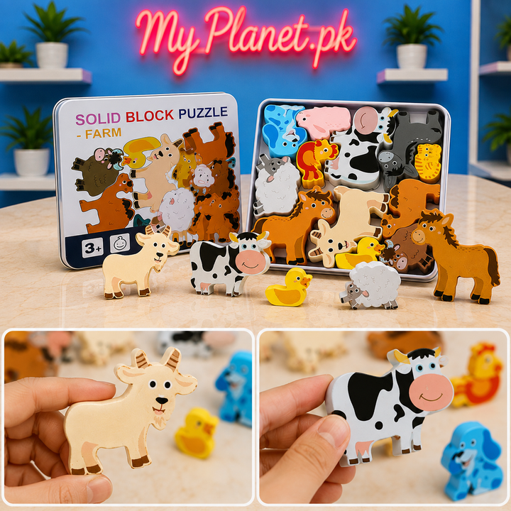 3D Wooden Farm Animals Educational Puzzle (12-Piece)