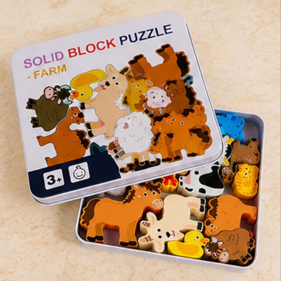 3D Wooden Farm Animals Educational Puzzle (12-Piece)