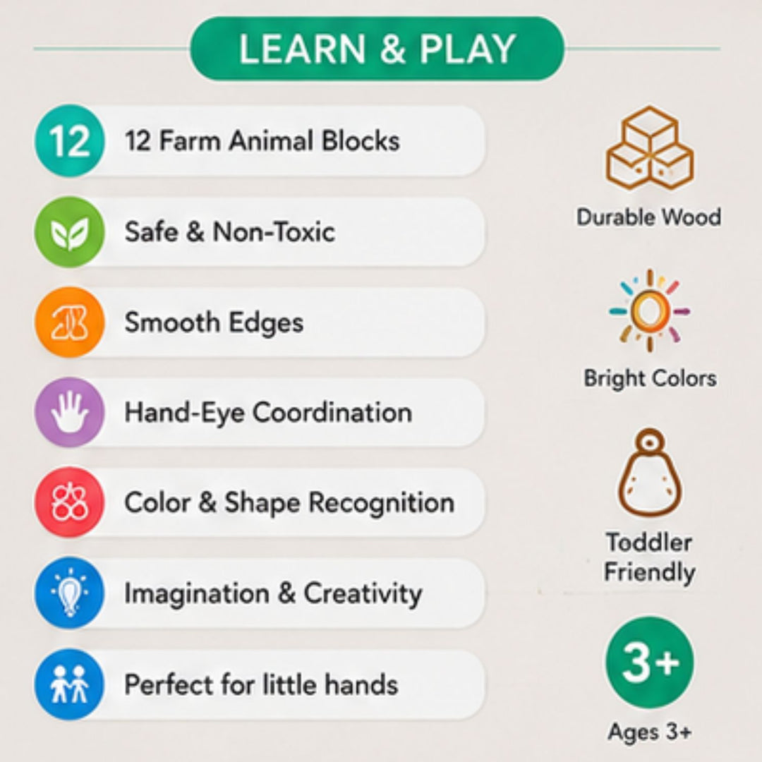 3D Wooden Farm Animals Educational Puzzle (12-Piece)