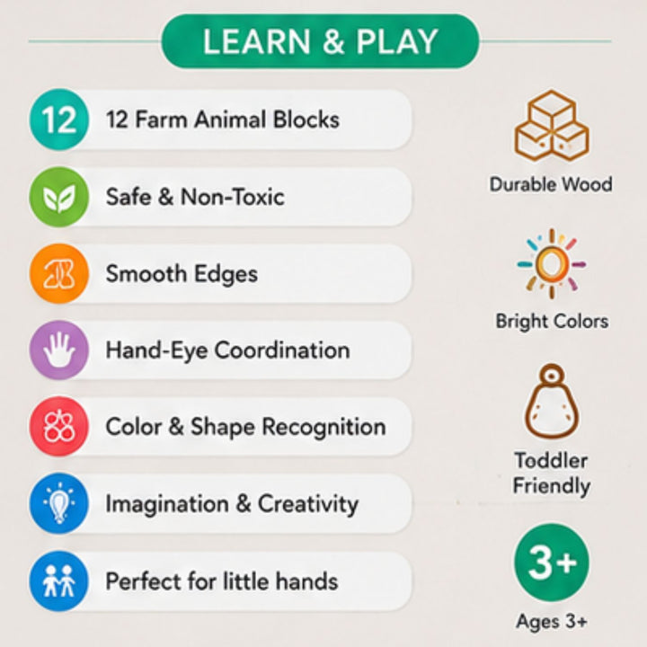 3D Wooden Farm Animals Educational Puzzle (12-Piece)
