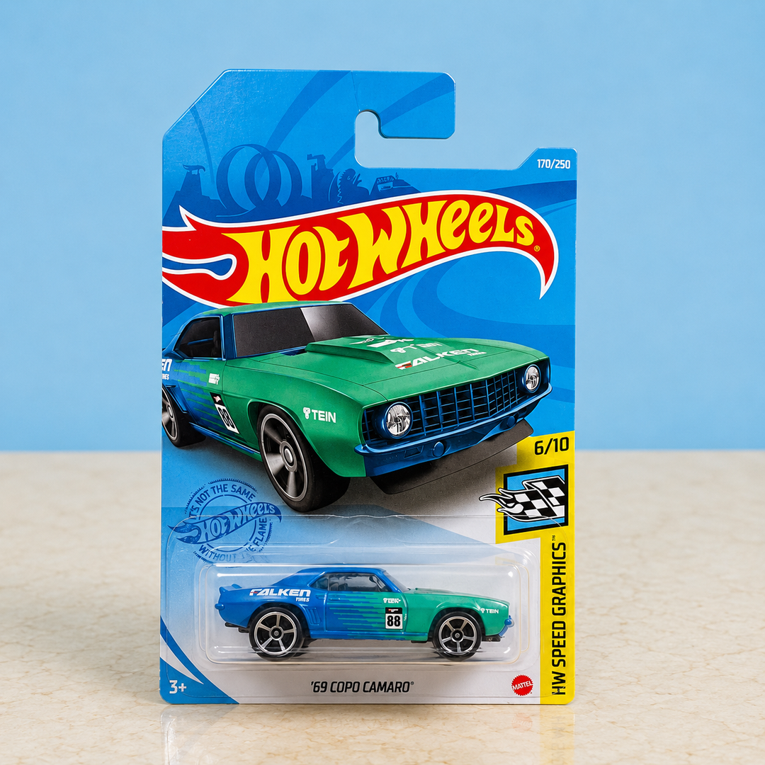 Hot Wheels 69 COPO Camaro HW Speed Graphics Made in Malaysia carded die-cast car