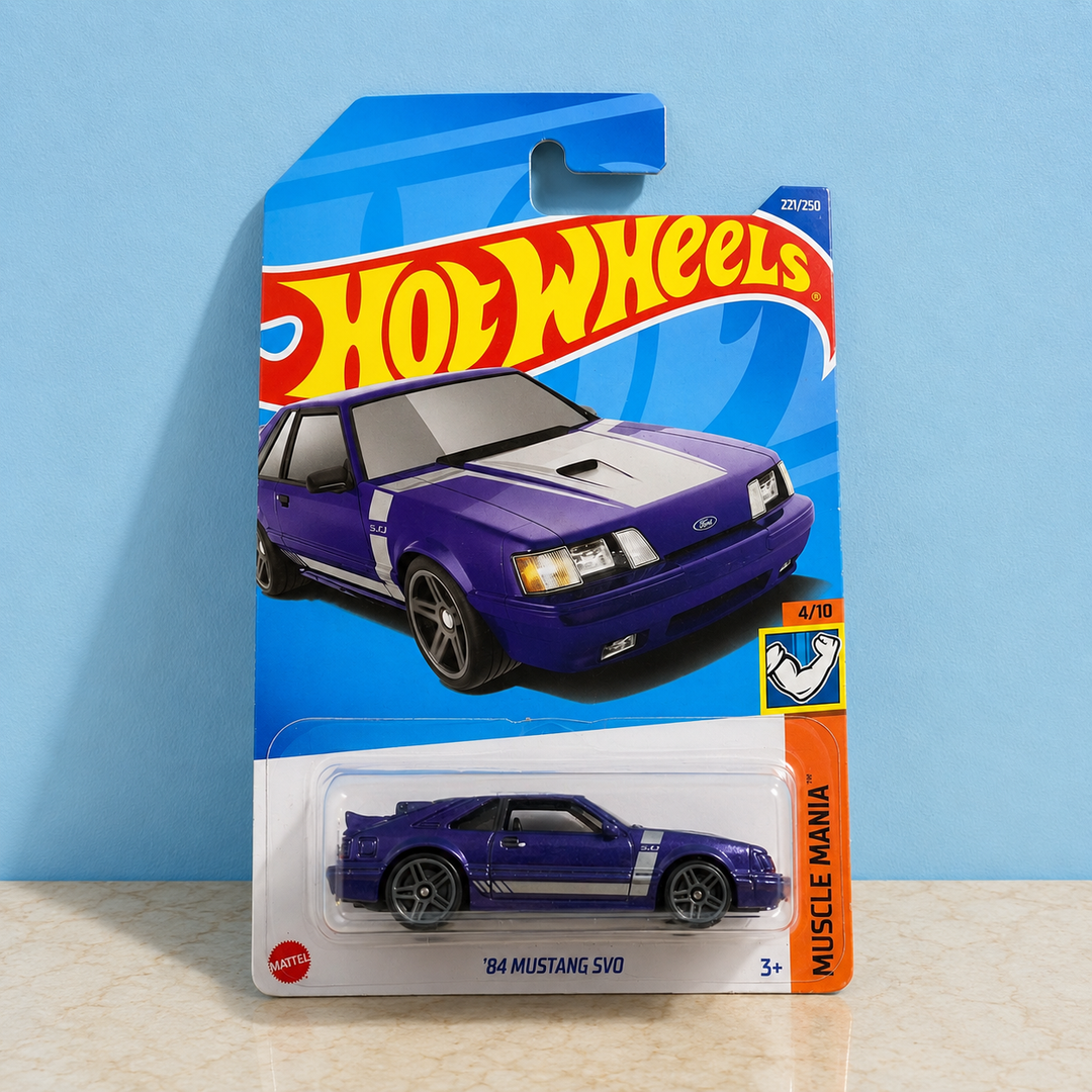 Hot Wheels ’84 Mustang SVO 1:64 scale die-cast car made in Malaysia in original Muscle Mania card packaging