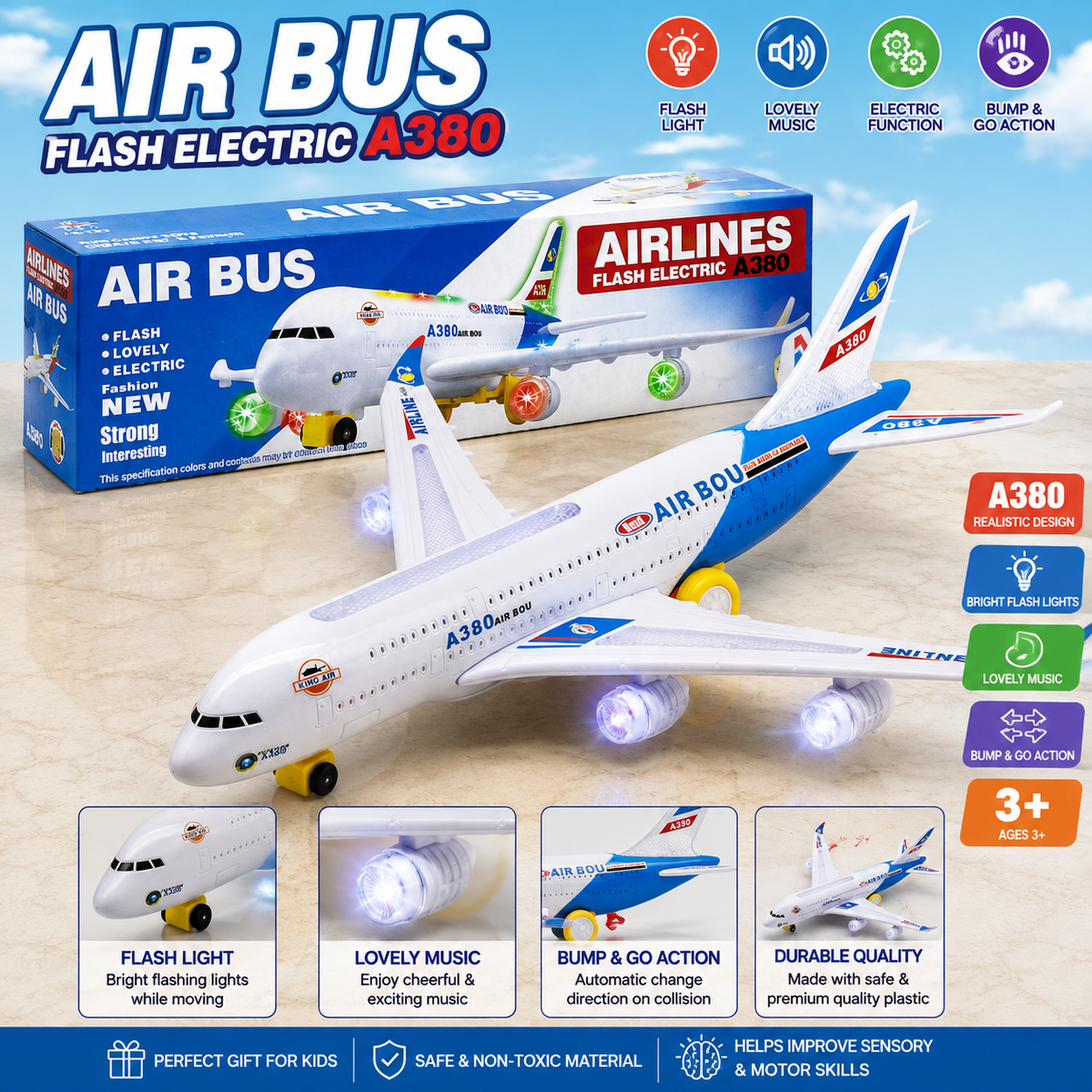 𝗔𝗶𝗿𝗯𝘂𝘀 𝗔𝟯𝟴𝟬 𝗘𝗹𝗲𝗰𝘁𝗿𝗶𝗰 𝗔𝗶𝗿𝗽𝗹𝗮𝗻𝗲 𝗧𝗼𝘆 – 𝗙𝗹𝗮𝘀𝗵𝗶𝗻𝗴 𝗟𝗶𝗴𝗵𝘁𝘀, 𝗠𝘂𝘀𝗶𝗰 & 𝗕𝘂𝗺𝗽-𝗮𝗻𝗱-𝗚𝗼 𝗔𝗰𝘁𝗶𝗼𝗻