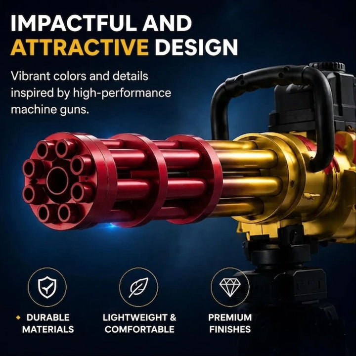Premium red and gold Gatling toy gun close-up design