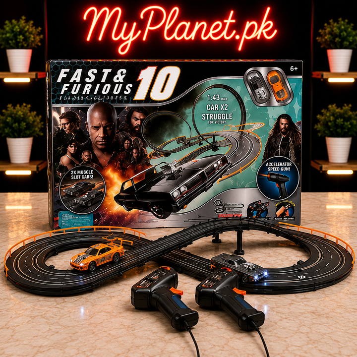 Fast &amp; Furious 10 High-Speed Slot Car Racing Track Set with 2 Remote Controllers &amp; 2 Cars