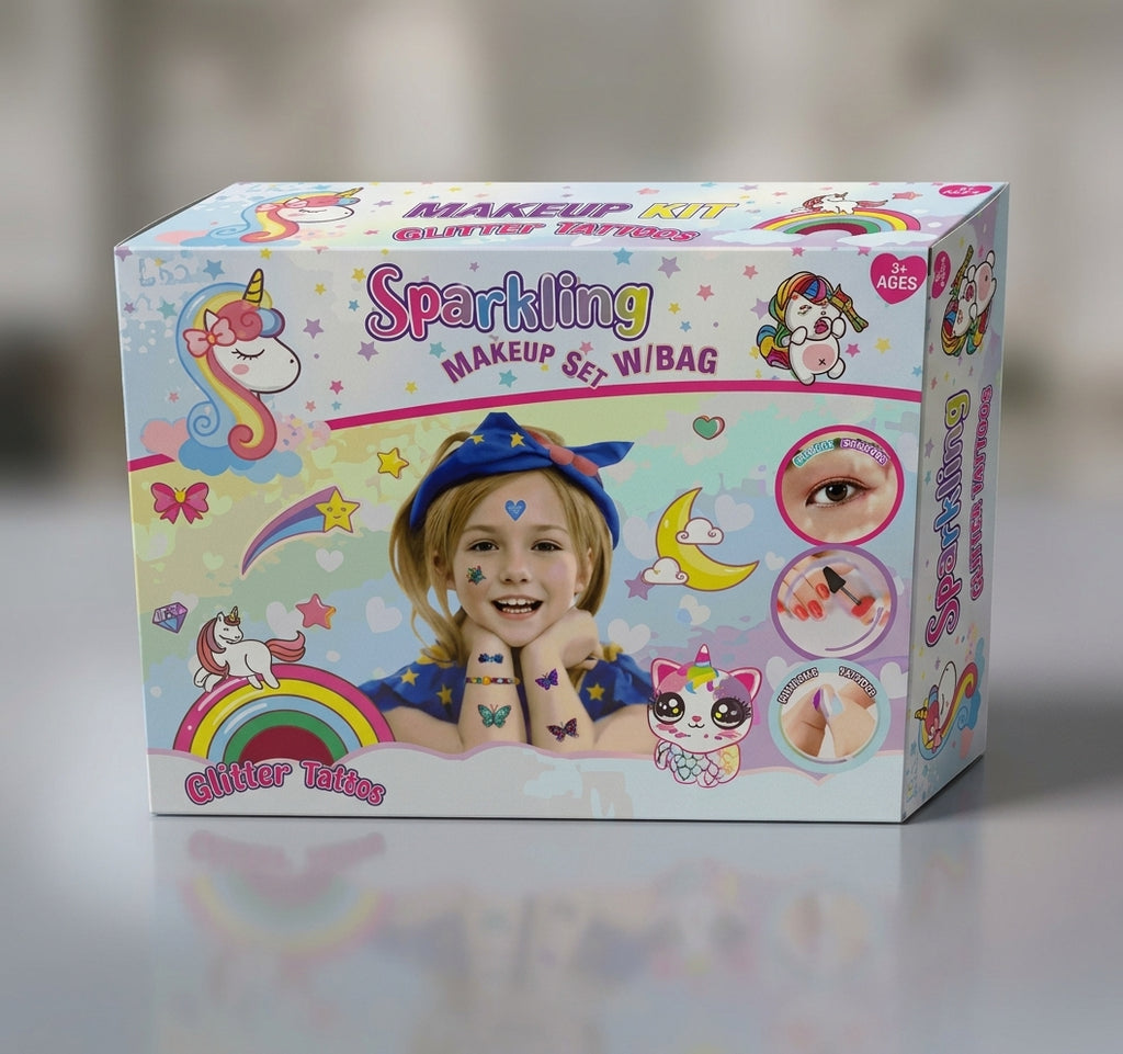 𝗨𝗻𝗶𝗰𝗼𝗿𝗻 𝗦𝗽𝗮𝗿𝗸𝗹𝗶𝗻𝗴 𝗠𝗮𝗸𝗲𝘂𝗽 𝗦𝗲𝘁 𝘄𝗶𝘁𝗵 𝗚𝗹𝗶𝘁𝘁𝗲𝗿 𝗧𝗮𝘁𝘁𝗼𝗼𝘀 & 𝗕𝗮𝗴