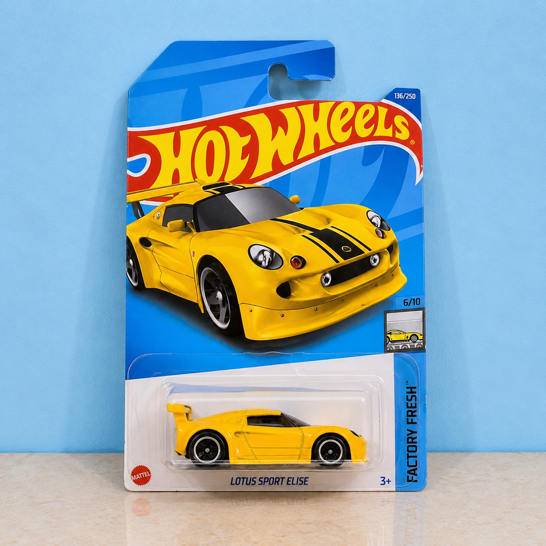Hot Wheels Lotus Sport Elise Yellow 1:64 scale die-cast sports car made in Malaysia in original Factory Fresh card packaging