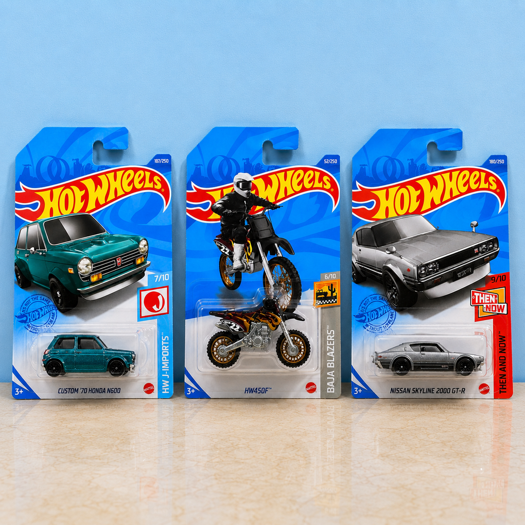 Pack of 3 random Hot Wheels made in Malaysia 1:64 scale die-cast car cards for collectors in Pakistan