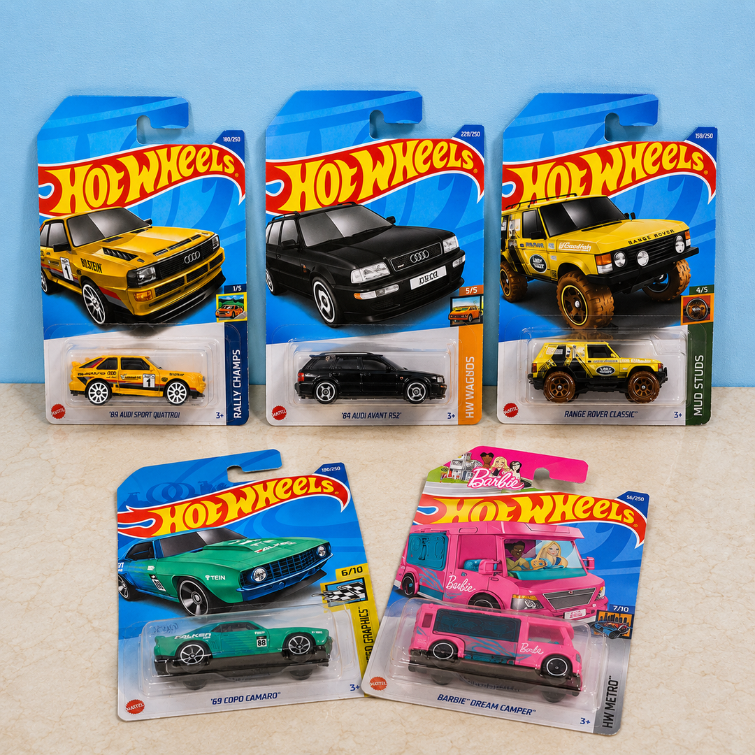 Pack of 5 random Hot Wheels cars made in Malaysia 1:64 scale die-cast collectible car cards
