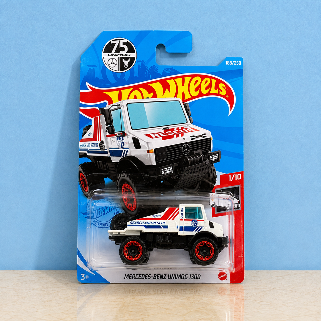 Hot Wheels Mercedes-Benz Unimog 1300 Search and Rescue 1:64 scale die-cast truck made in Malaysia