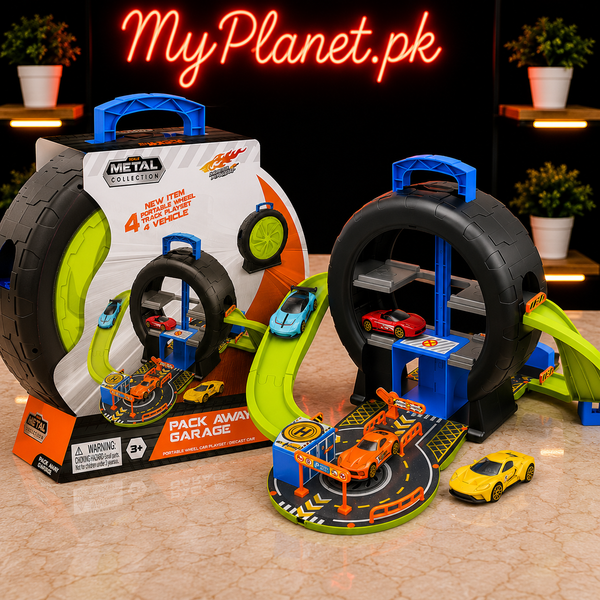 Pack Away Garage Car Track Set with 4 Metal Cars