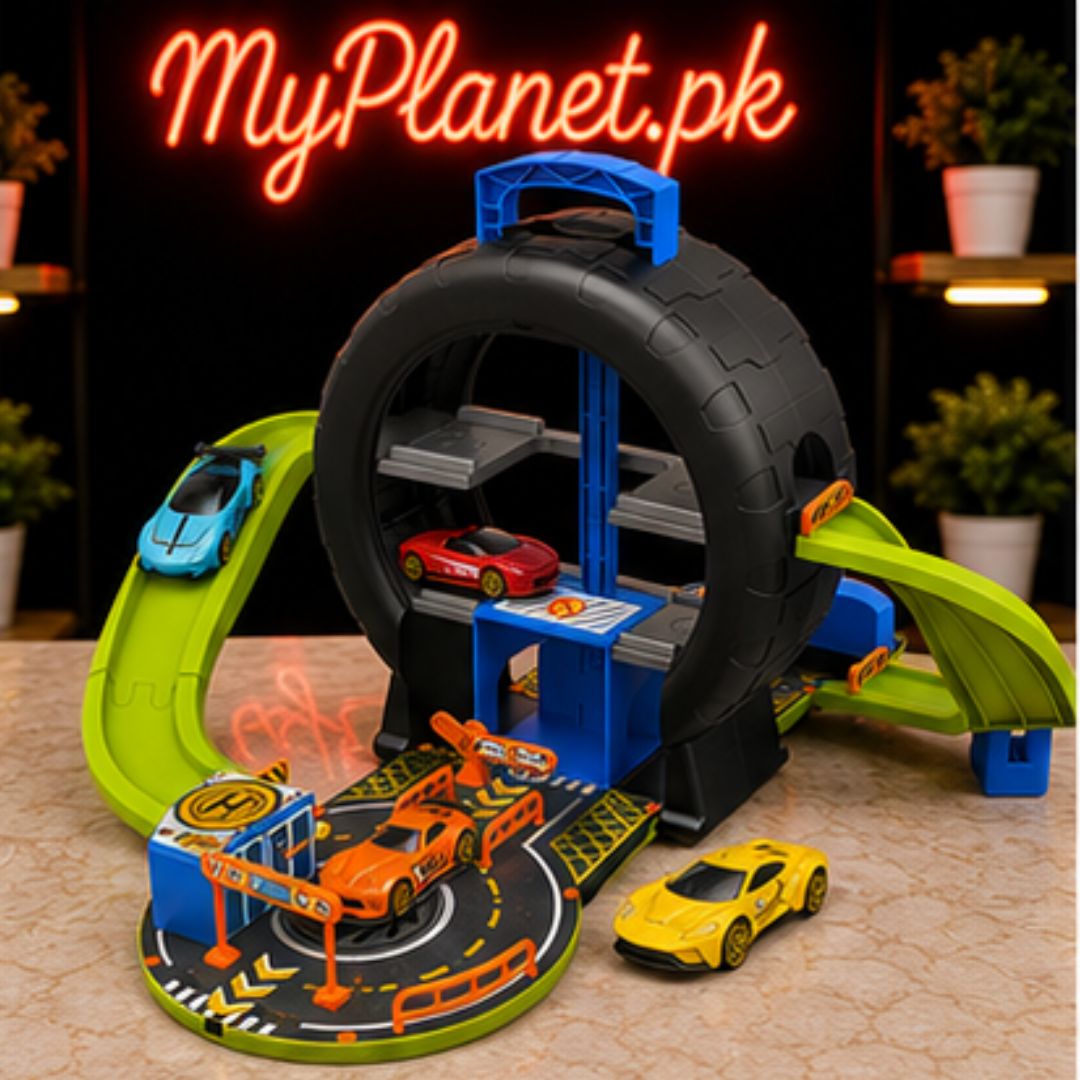 Pack Away Garage Car Track Set with 4 Metal Cars