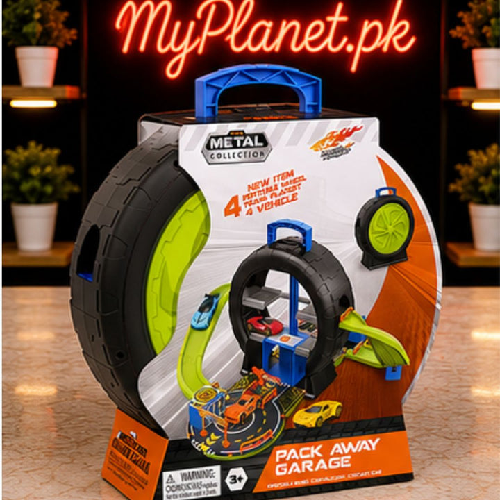 Pack Away Garage Car Track Set with 4 Metal Cars