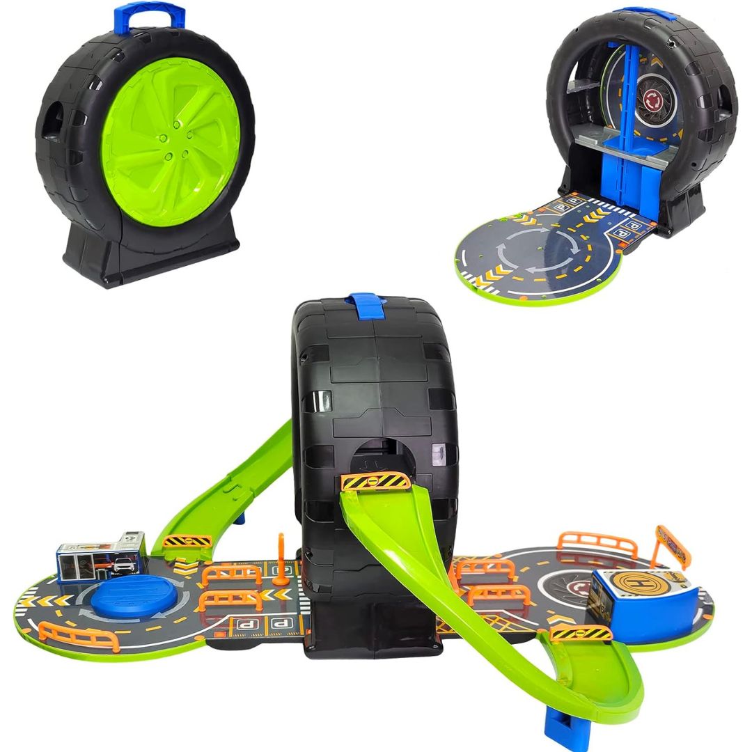 Pack Away Garage Car Track Set with 4 Metal Cars