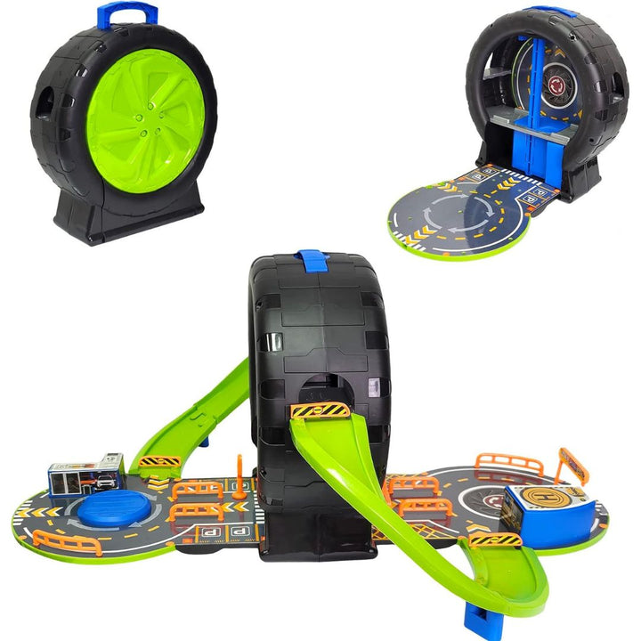 Pack Away Garage Car Track Set with 4 Metal Cars