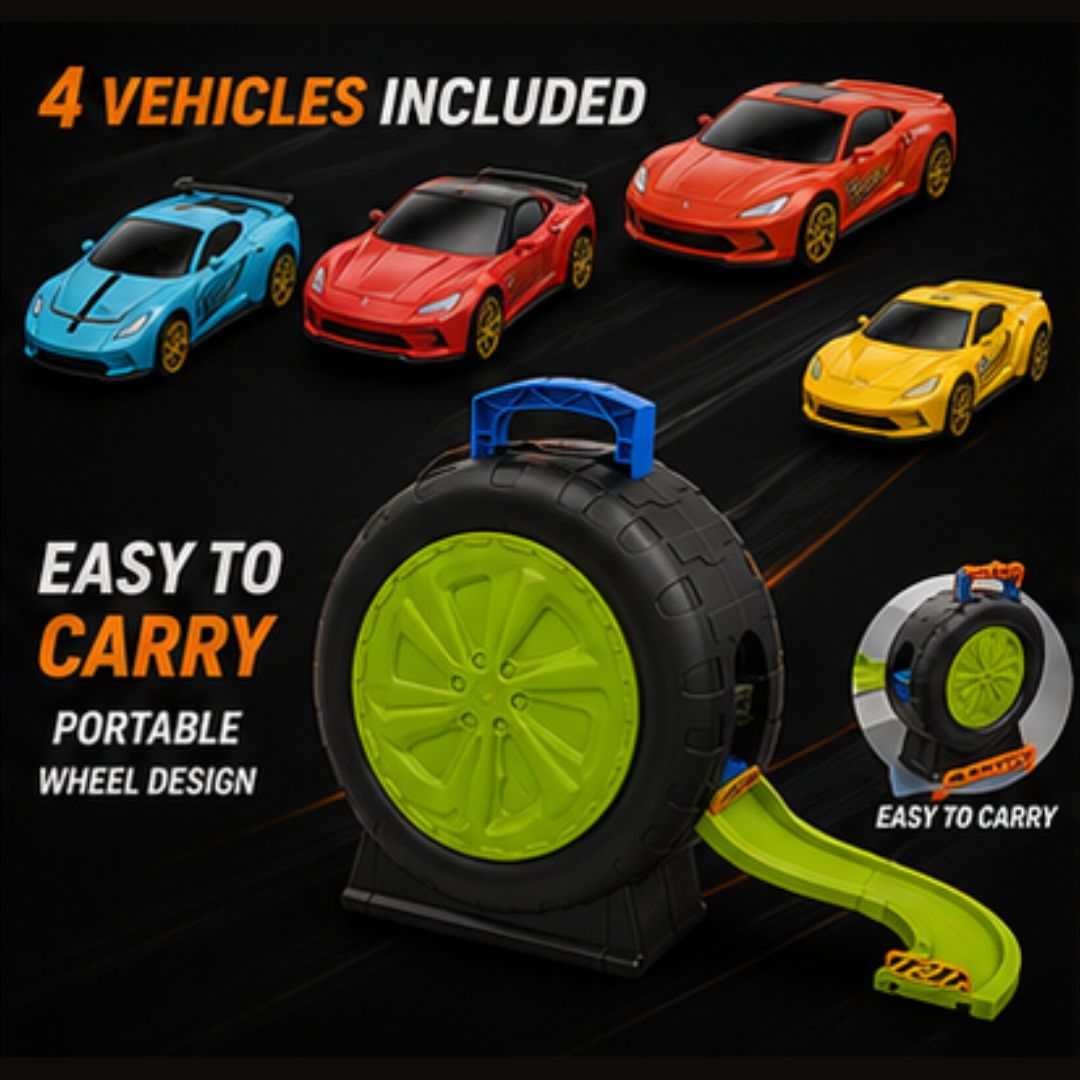 Pack Away Garage Car Track Set with 4 Metal Cars