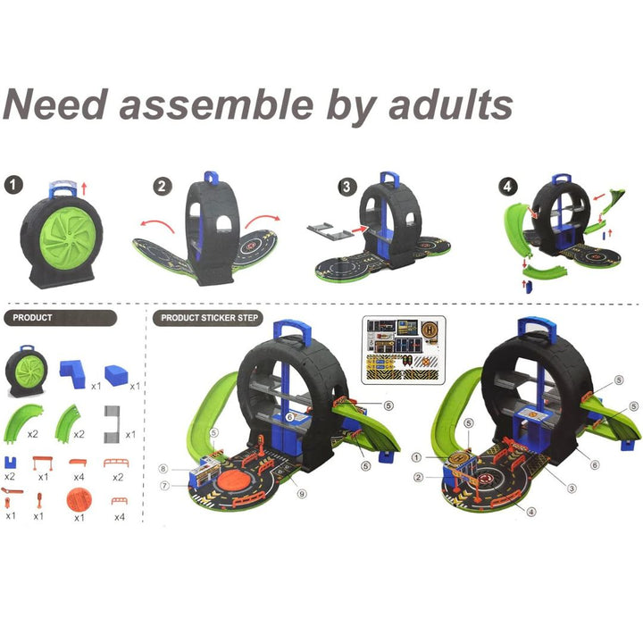 Pack Away Garage Car Track Set with 4 Metal Cars
