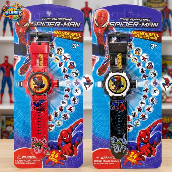 Spider-Man projection watch for kids in red and black with 24 image projections, displayed in original packaging