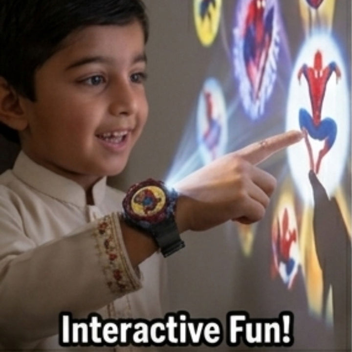 Kids wearing Spider-Man projection watch and projecting colorful Spider-Man images onto a wall
