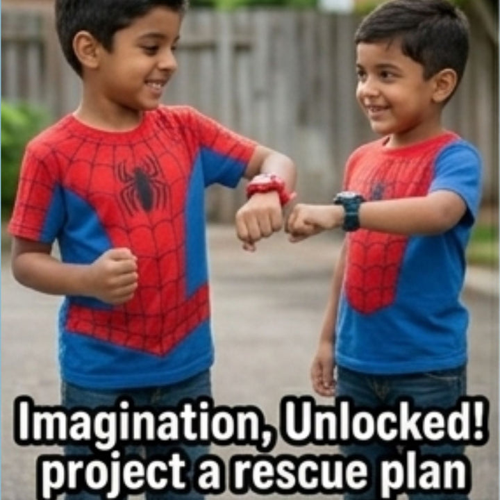 Two children wearing Spider-Man projection watches while playing together outdoors