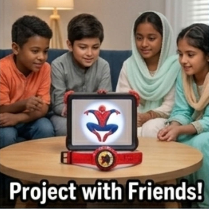 Children enjoying Spider-Man projection watch images together during indoor playtime