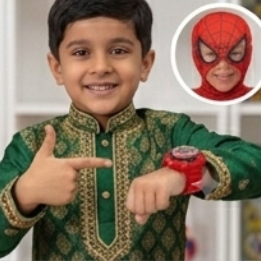 A young boy wearing a green embroidered traditional outfit points to a red Spider-Man-themed wrist watch on his wrist. An inset circle in the top right shows the red Spider-Man mask worn by the boy.