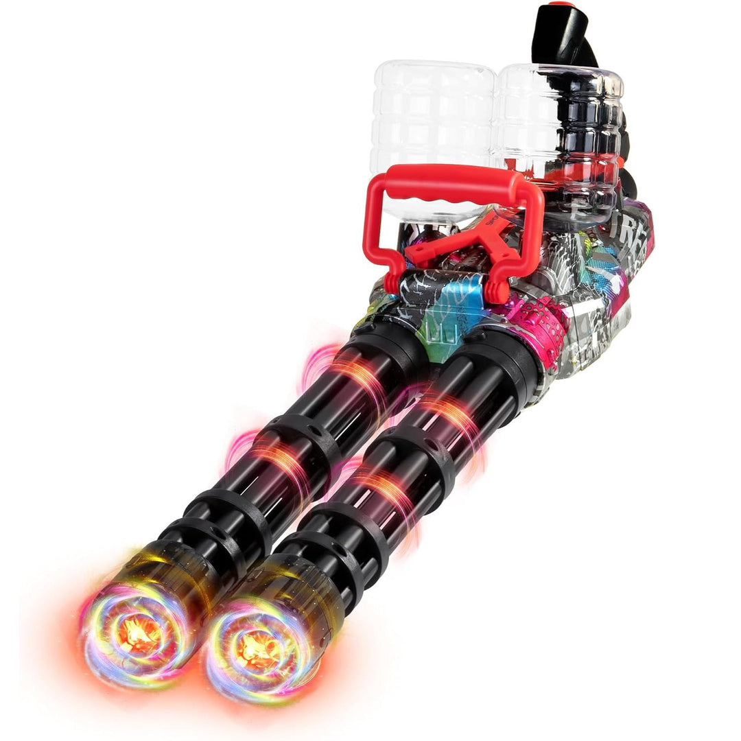 A toy double-barrel blaster gun with glowing LED effects, a red handle grip, and a clear plastic water tank, shown on a solid white background.