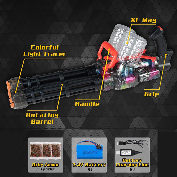 A labeled product diagram of a toy blaster-style device on a dark patterned background, with callouts for Colorful Light Tracer, Rotating Barrel, Handle, Grip, and XL Mag. Three small accessory panels at the bottom show Orby Ammo X 3 packs, a 7.
